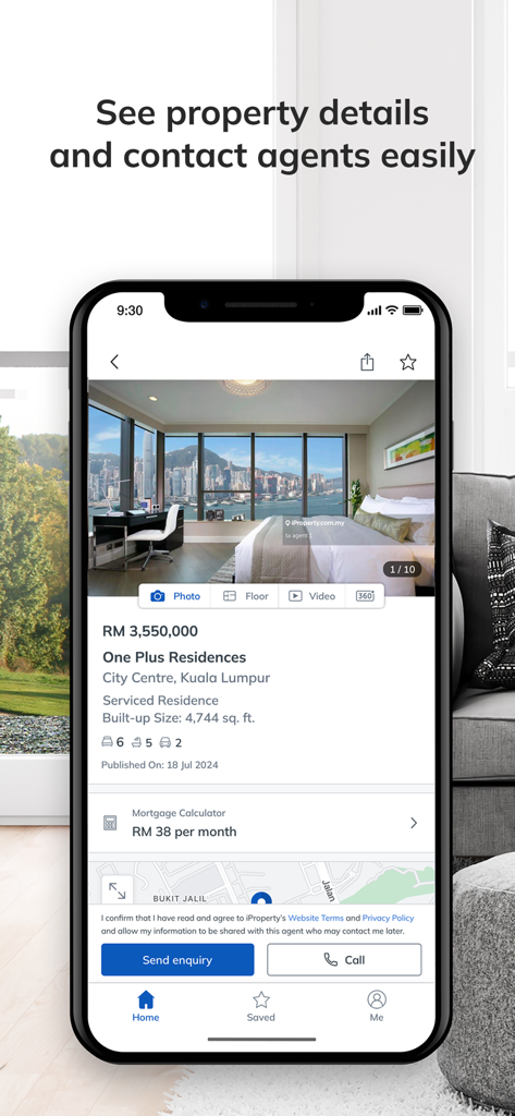 iProperty Malaysia - Detailed property listing for a luxury residence in Kuala Lumpur on the iProperty Malaysia app showing price and contact buttons.