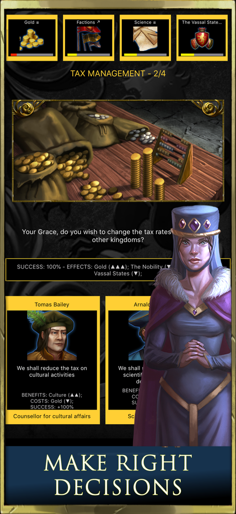 Age of Dynasties: Crusader War - A gameplay screen from Age of Dynasties showing the tax management interface with advisor recommendations and resource status bars.