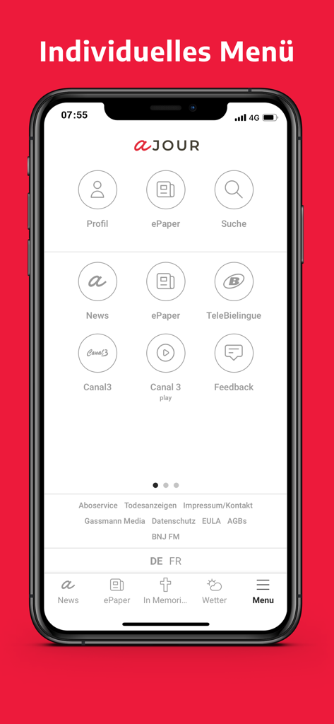 ajour - Individual menu screen of the ajour news app featuring regional media icons like ePaper and Radio Canal 3.