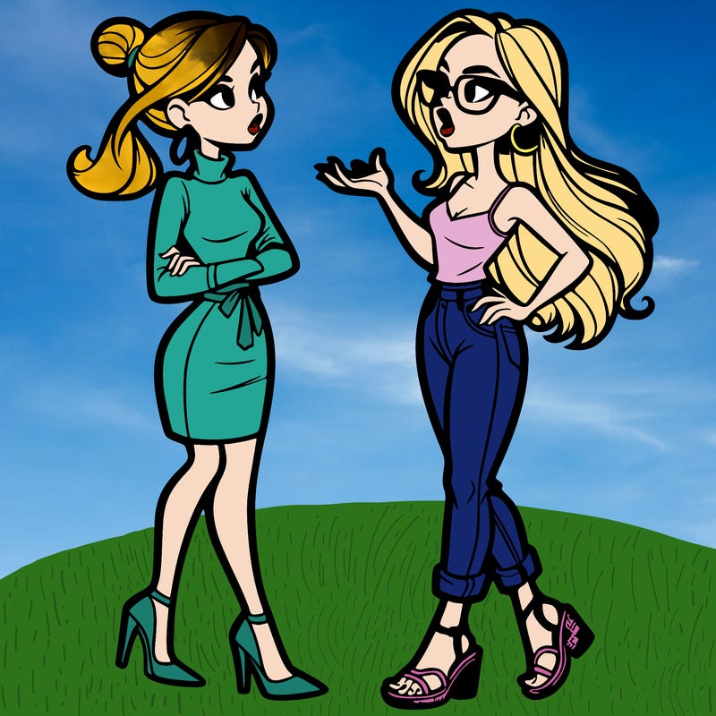 two adult girls arguing. one with her hair in a bun, a turtleneck, and a small skirt, and small heels. and the other girl with her hair down, a tank top, jeans, glasses, and sandal heels.