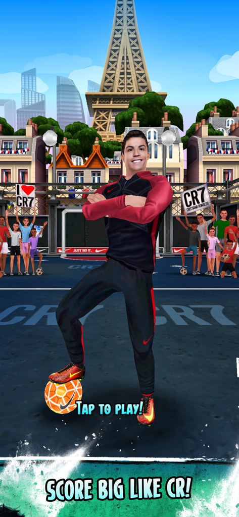 Cristiano Ronaldo character posing with a soccer ball in front of the Eiffel Tower in the Kick n Run game