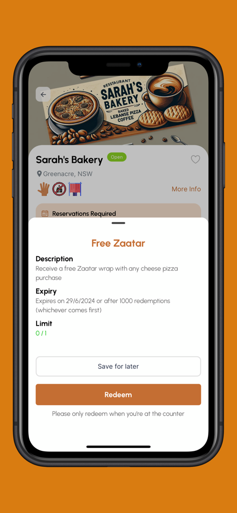 alkasa - Alkasa App-Bildschirm mit einem Sonderangebot für ein kostenloses Zaatar-Wrap in einer Halal-Bäckerei.