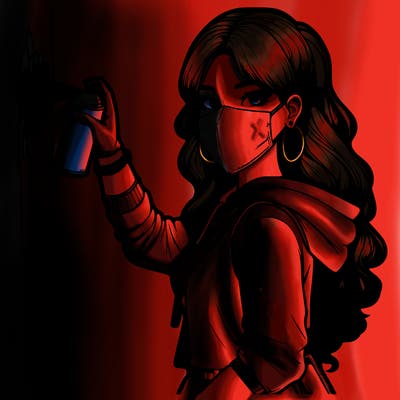 realistic girl with mask spray painting a wall