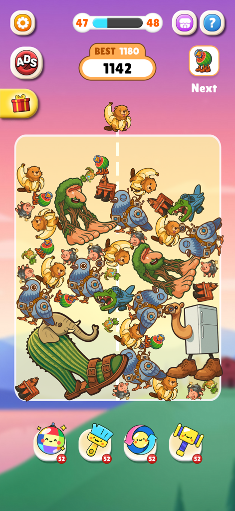 Brainrot Merge Drop Fun Puzzle - Mobile gameplay of Brainrot Merge Drop showing a pile of absurd meme characters including a beaver in a banana and a camel in a fridge