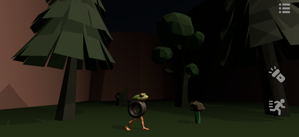 Brr Brr Patapim - Eine bizarre Frosch-Figur mit menschlichen Beinen, die durch einen dunklen Low-Poly-Wald im Spiel Brr Brr Patapim geht.