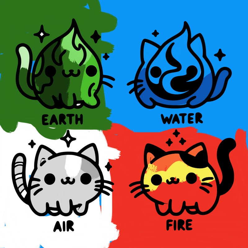 4 cats that represent the different elements, earth, water, air, and fire
