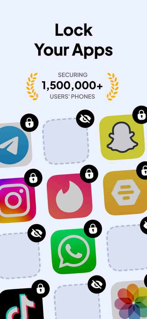 Super App Lock: Lock Apps - Super App Lock interface showing locked social media app icons like Instagram and WhatsApp with a security milestone of over 1.5 million users