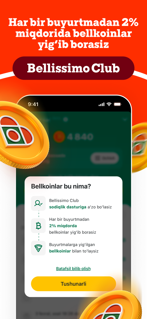 Bellissimo Pizza - Bellissimo Pizza app screen explaining the Bellissimo Club loyalty program and bellkoins rewards