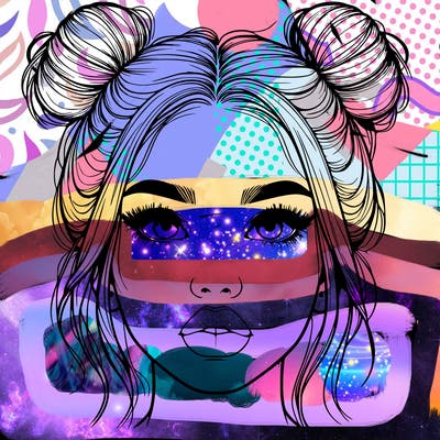 realistic girl with two buns on her hair and lips