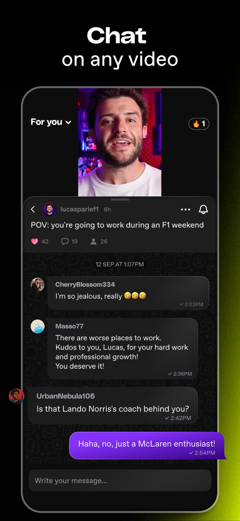 Dailymotion app interface showing a real-time chatroom feature below a social video