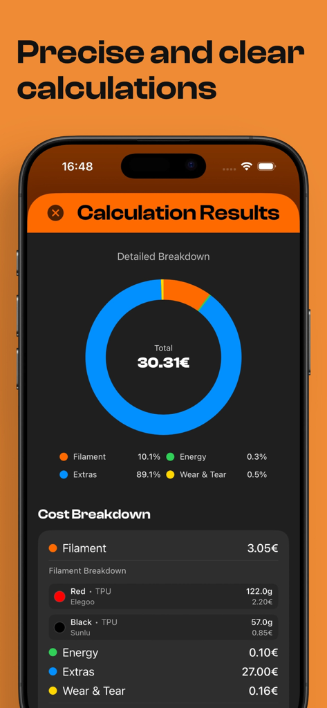 3D 프린팅 비용에 대한 상세 비용 분석 및 도넛 차트를 표시하는 3Dcalc plus 앱 인터페이스