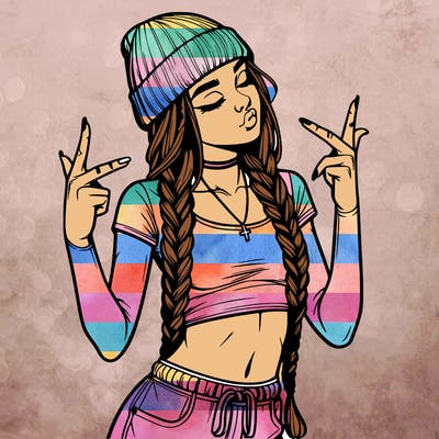 realistic teenage girl with braids and a beanie and crop top doing 🫶🏼