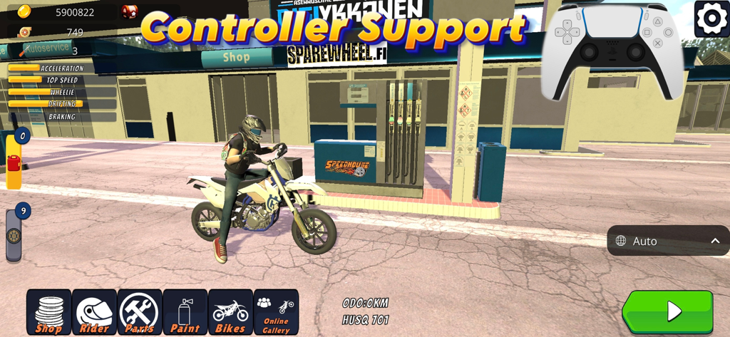 Wheelie King 8 - Online racing - Jugabilidad de Wheelie King 8 que muestra soporte para mando y una moto de cross blanca personalizada