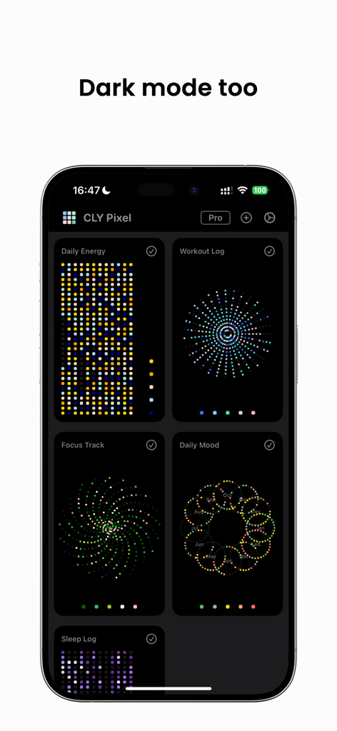 My Year in Pixels - CLY Pixel - The CLY Pixel app interface in dark mode showing various habit trackers visualized through artistic pixel patterns like grids and spirals