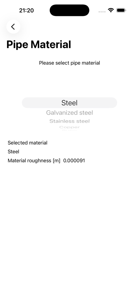 Heating Pipe Size - Screenshot of the pipe material selection interface in the Heating Pipe Size app showing steel as the chosen material