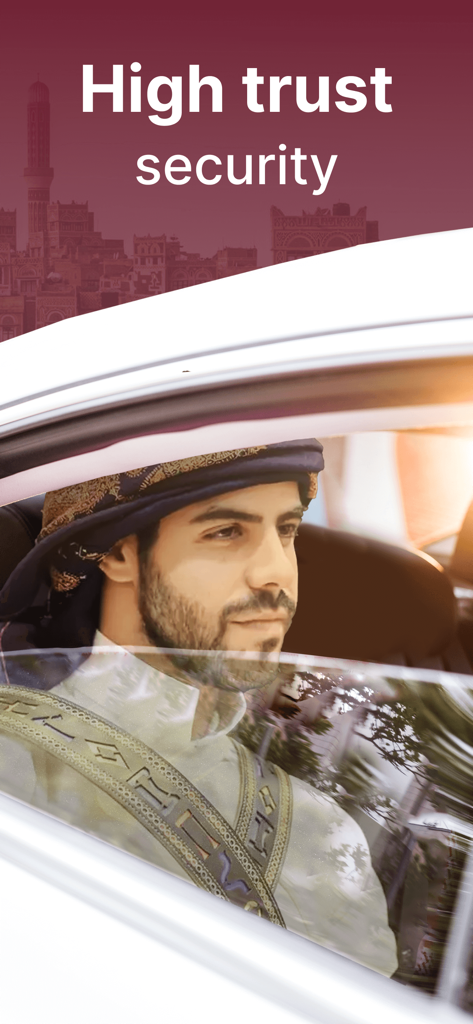 Professional Yemeni driver in a car with the text High trust security
