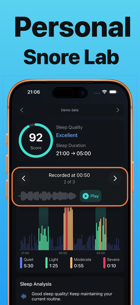 Snorly app dashboard showing a sleep quality score and snore recording playback