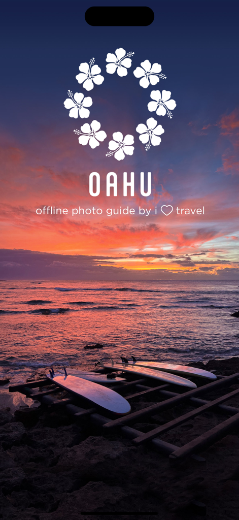 Oahu Offline Island Guide - Splash screen for Oahu Offline Island Guide showing surfboards on a beach at sunset