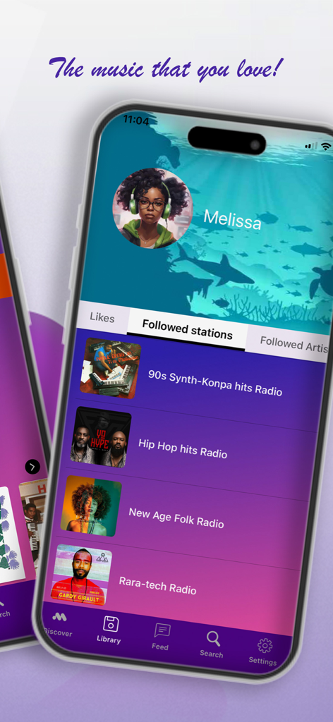 Profilo utente dell'app Mizikpam che mostra le stazioni radio haitiane seguite.