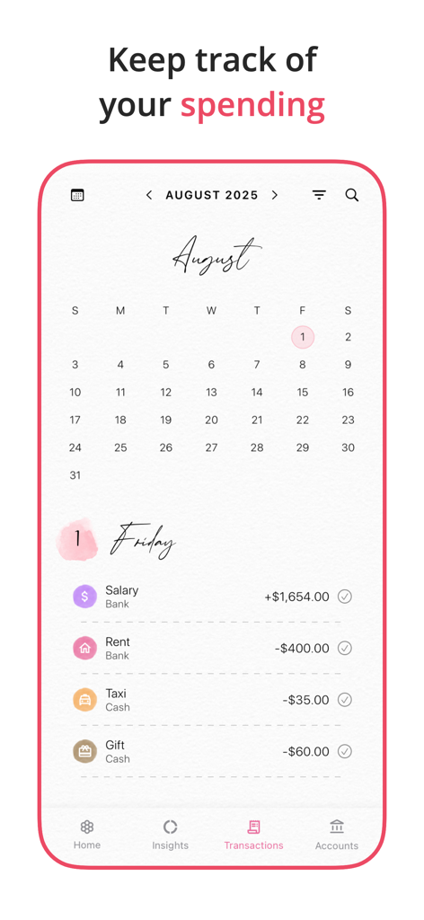 Aesthetic calendar and transaction list showing daily income and expenses in the Fleur budget app.