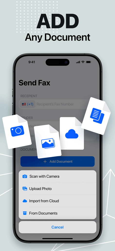 FaxFree: Send Fax From iPhone - Uno schermo di smartphone che mostra il menu Aggiungi documento nell'app FaxFree con opzioni per scansionare, caricare o importare file.