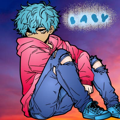 a male hoddie ripped jeans messy hair anime