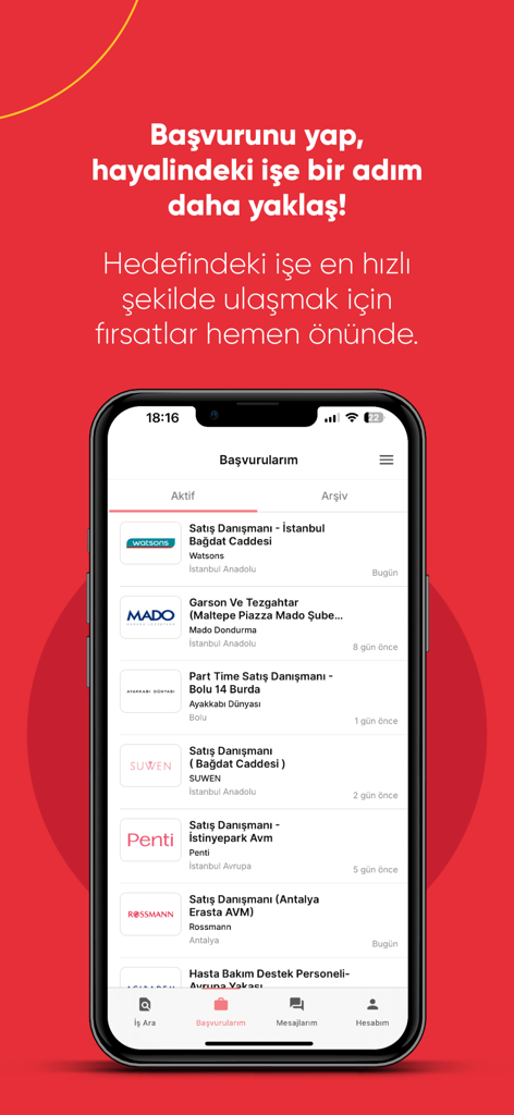 Secretcv - İş İlanı Ara & Bul - iPhone screen showing the Secretcv app's my applications section with various Turkish job listings and company logos