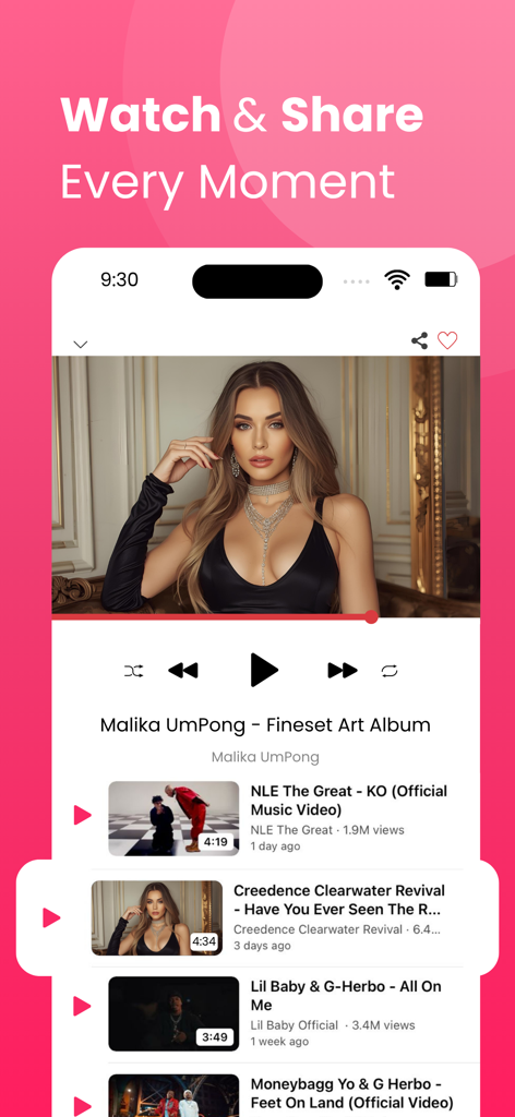 Tubidy Video Music : FM player - Tubidy Video Musicアプリのインターフェイスで、おすすめプレイリストの上に曲を再生している音楽ビデオプレーヤーが表示されている。