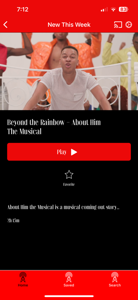 Signal 23 Television - Signal 23 Television app interface showing the Beyond the Rainbow About Him The Musical title page with a play button