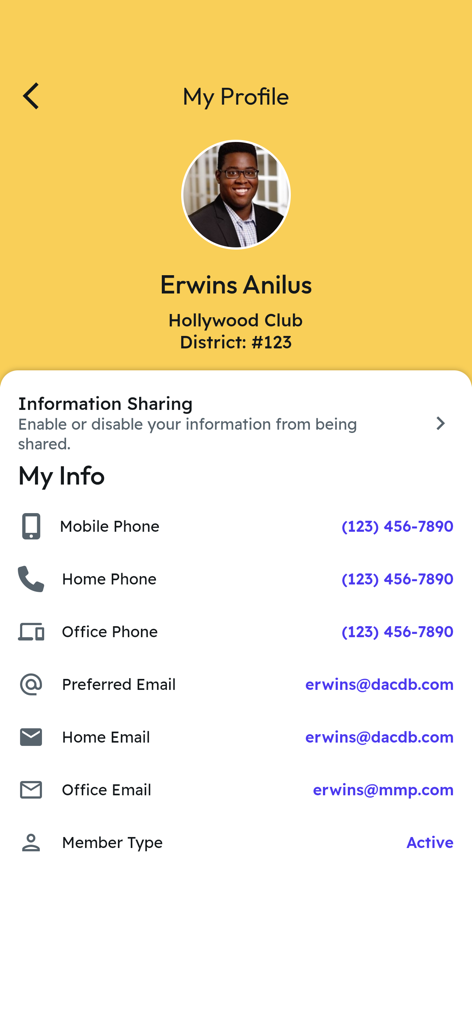 MyEvent by Member Minder Pro - Pantalla de perfil de usuario en la aplicación MyEvent que muestra información de contacto profesional y detalles de membresía.