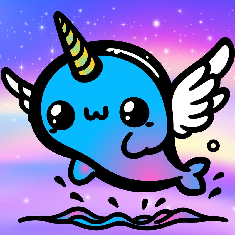 a kawaii narwhal with wings jumping out of the water