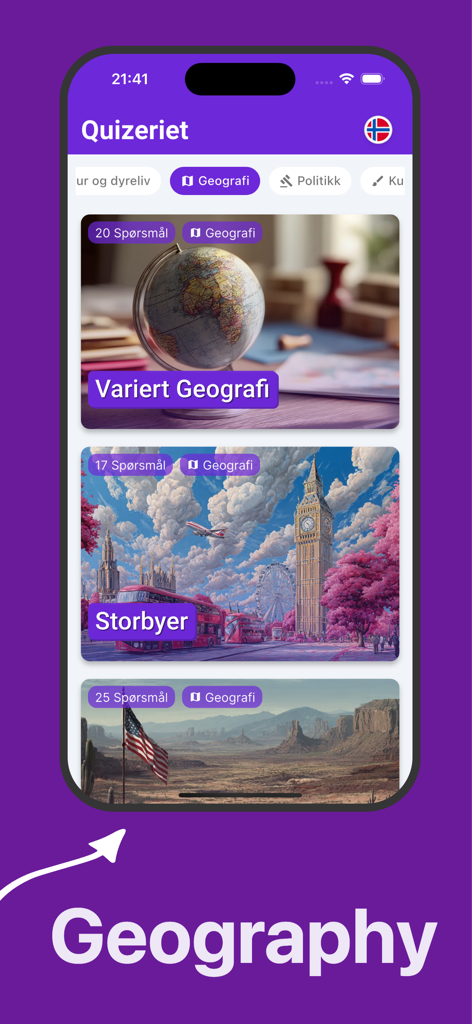 Quiz from Quizery - Interfaz de la aplicación Quizery mostrando paquetes de trivia de geografía que incluyen grandes ciudades y geografía general