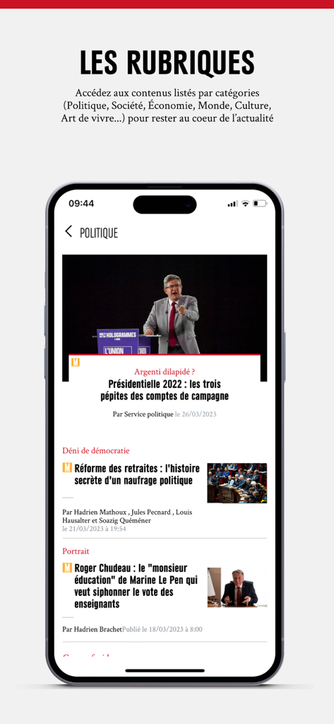 Marianne - Actualités & Débats - Interface de l'application d'actualités Marianne affichant la catégorie politique avec divers articles.