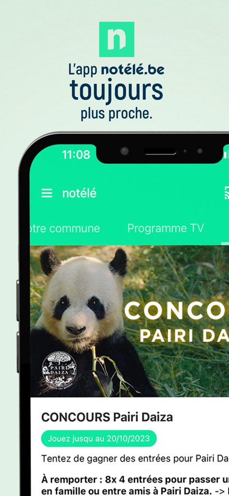 notélé - The notélé app interface displaying a local news contest featuring a panda