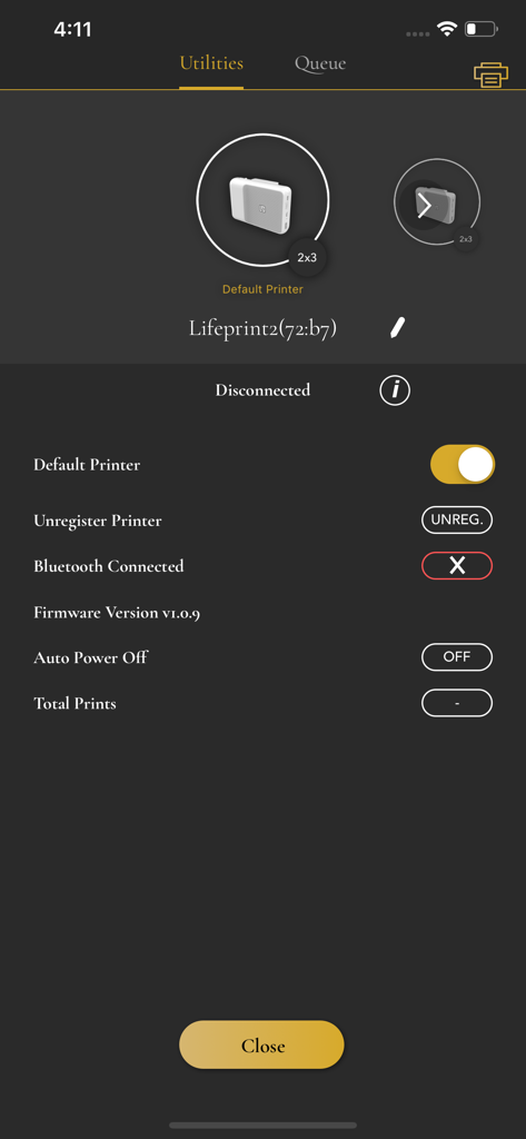 Lifeprint Printers - Lifeprint app utilities screen showing printer connection status, firmware version, and device settings for a 2x3 portable photo printer.