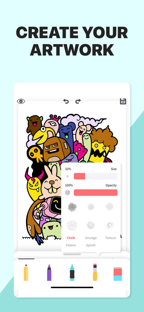 Drawing Pad - Sketchbook App. - Interfaz de la app Drawing Pad mostrando la creación de arte y la configuración de personalización de pinceles