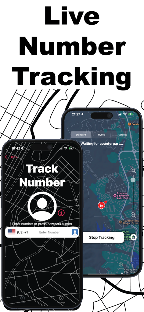 A mobile app interface showing live phone number tracking with a real-time GPS map location