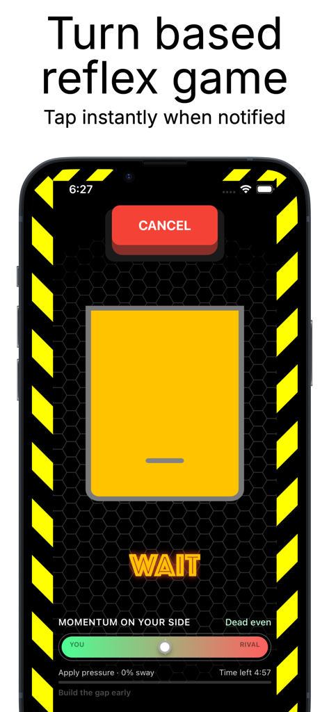 Click Defeat: Red Button Duels - Click Defeat mobile game screen showing a turn based reflex battle with a momentum indicator and wait prompt