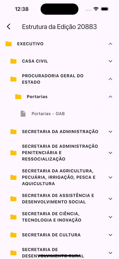 EGBA - Imprensa Oficial - Menú de navegación que muestra la estructura de una edición del boletín oficial en la aplicación EGBA