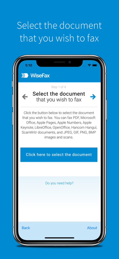 WiseFax mobile app interface showing the first step to select a document for faxing