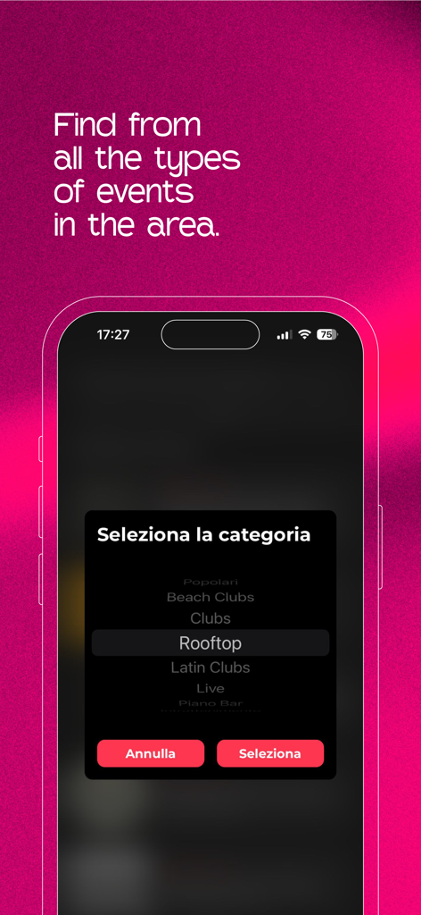 Nightify: events and tickets - Un téléphone portable affichant le menu de sélection de catégorie de l'application Nightify avec des options telles que Rooftop et Clubs