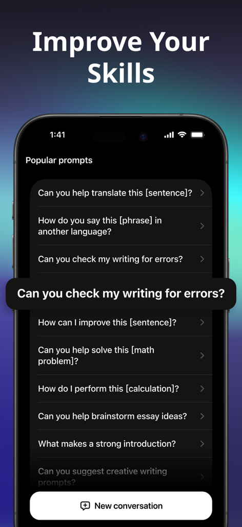 Hello AI app screen showing a list of popular prompts for checking writing and improving skills