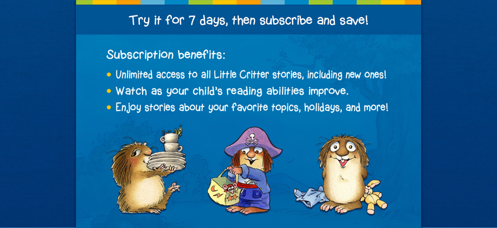 Little Critter Library - A screen displaying subscription benefits for the Little Critter Library app featuring trial details and illustrated characters.