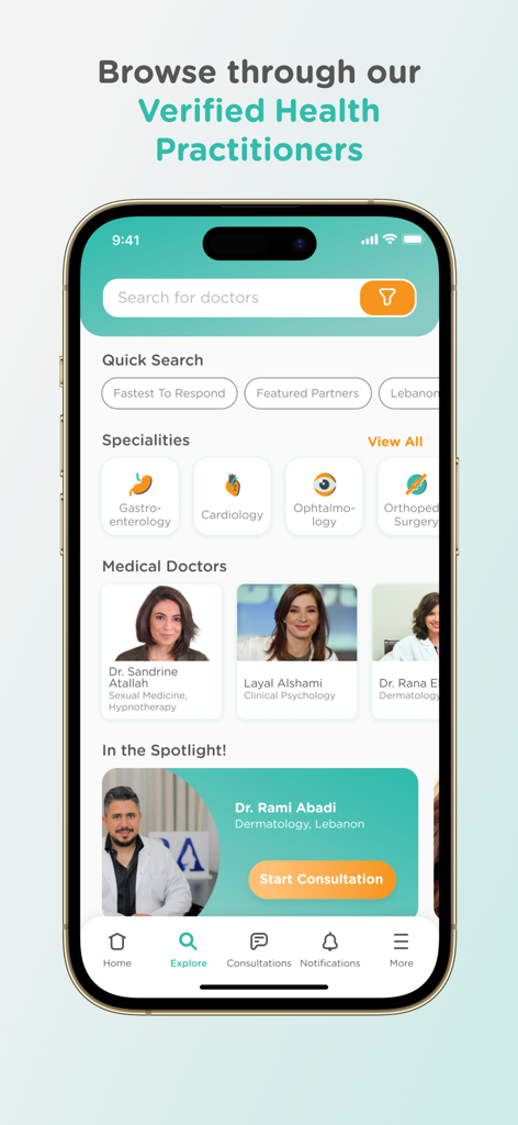 DRAPP –Telehealth Made Easy - Interface of the DRAPP app showing medical specialties and verified health practitioners available for instant consultations.