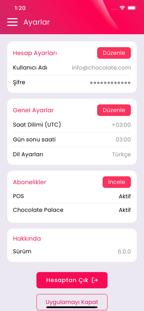 Menulux Boss - Account and general settings screen in the Menulux Boss mobile app