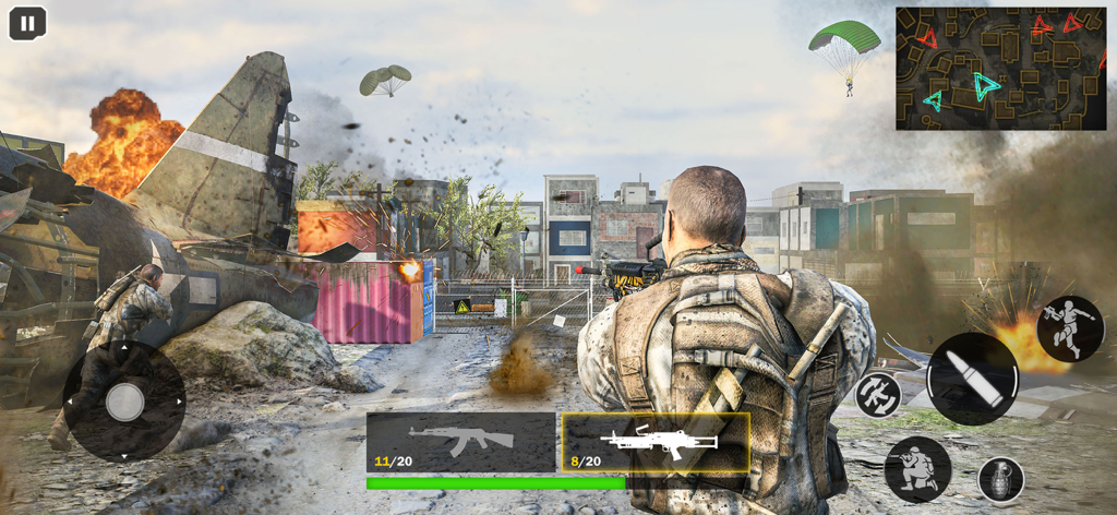 American Shooter : Cover Fire - Tactical combat scene in American Shooter Cover Fire featuring a soldier and explosions in a war zone