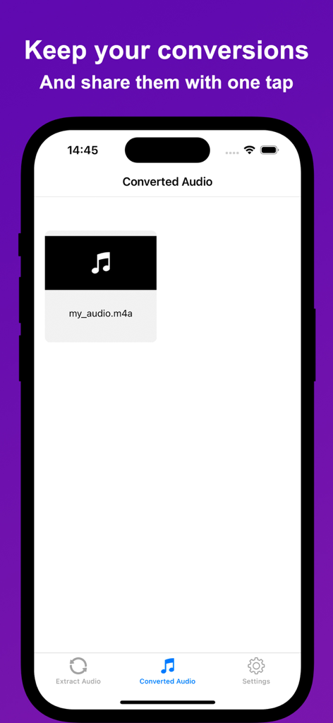 Audio Maker - MP3 Converter - Screenshot della schermata Audio Convertito nell'app Audio Maker che mostra un file m4a salvato pronto per la condivisione.