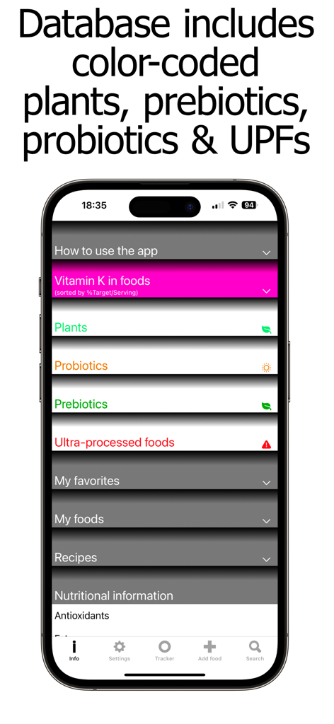 Vitamin K Counter & Tracker - Vitamin K Counter app interface displaying color coded categories for plants probiotics prebiotics and ultra processed foods