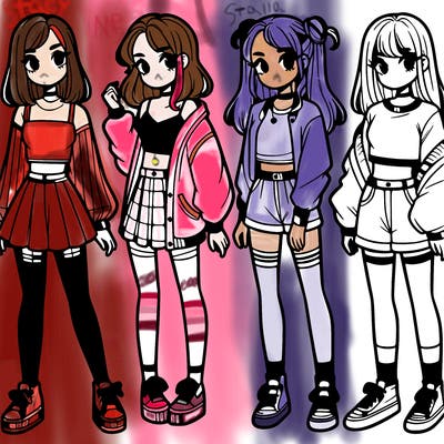 one girl with crop-top shirt and a jacket with a skirt, long socks and another girl with a shirt and pants with a jacket