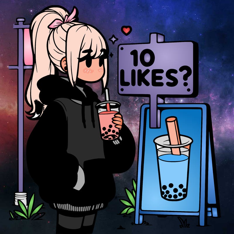 girl with oversized hoodie drinking boba and she has a high ponytail with a sign that says 10likes?
